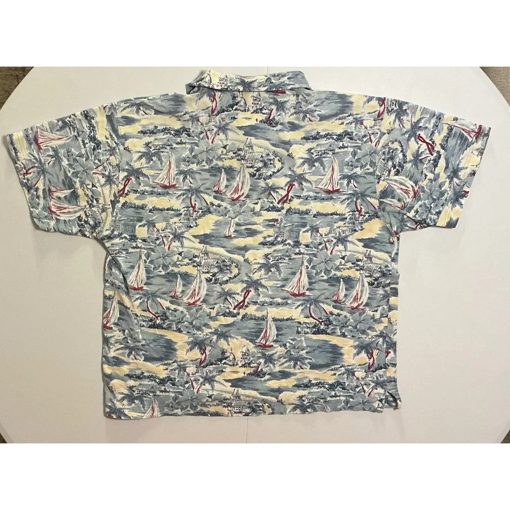 VTG 90s Banana Republic AOP lue Nautical Sailboat Cotton Pique Polo Mens L‎